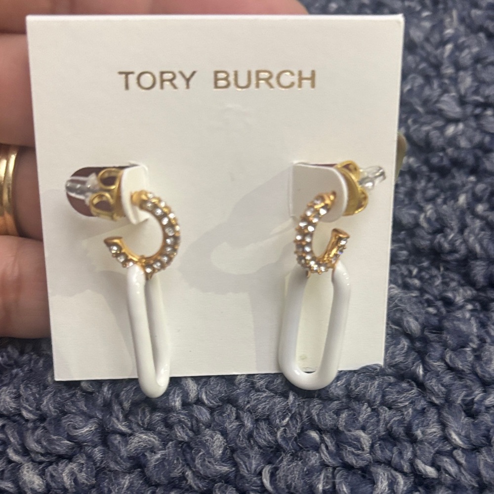 Tory Burch Gold and White Cristal Link Hoop Roxanne Earrings